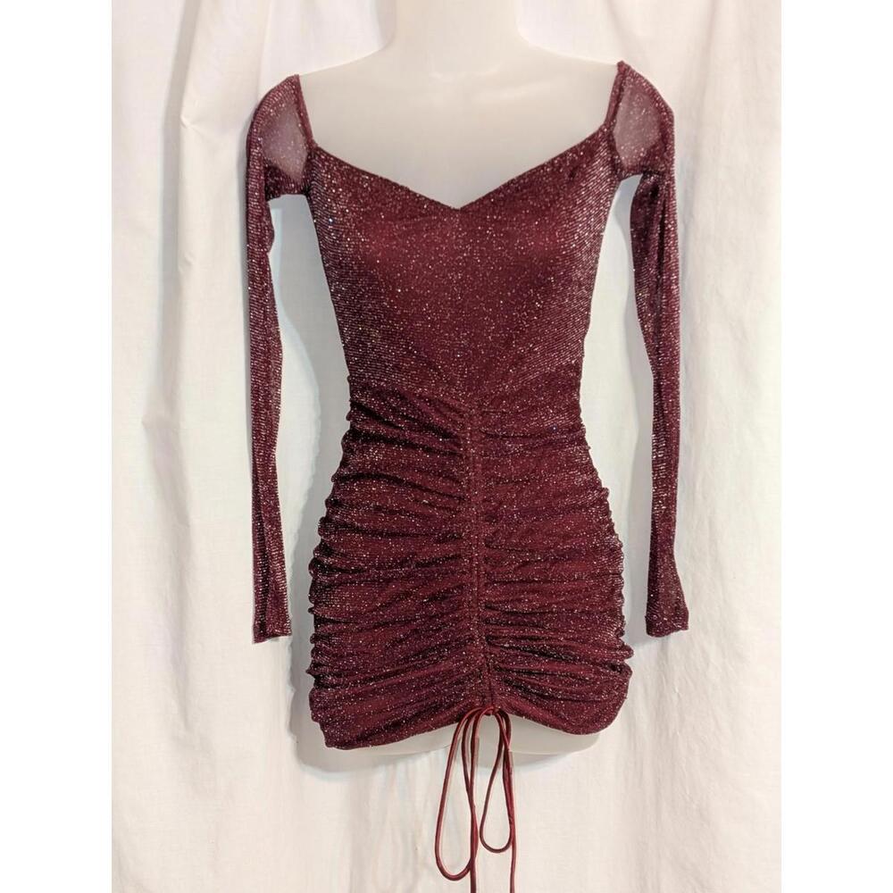 Showpo Burgundy Glitter Ruched Bodycon Mini Dress W/ Sheer Long Sleeves Sz 2